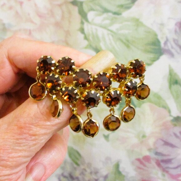 VINTAGE Cinnamon Spice Rhinestone Dangle Brooch ~ CRYSTAL RHINESTONE Brooch - Picture 3 of 12